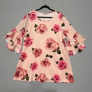 Karen-T Design Pink Rose Floral Ruffle‎ Bell Sleeve Tunic Top Plus Size 2X NWT